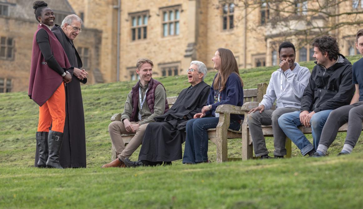 Monks and students relaxing